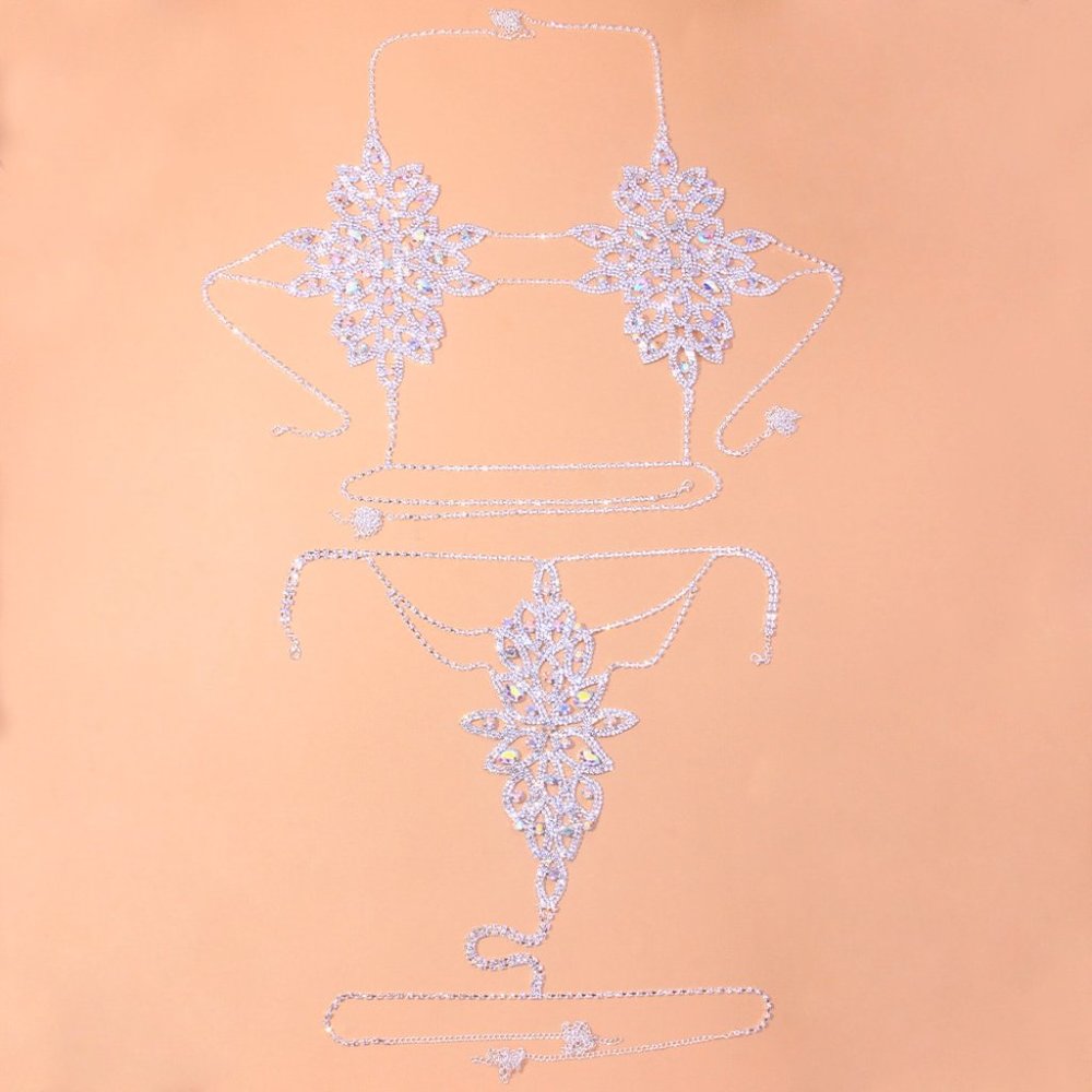 Rhinestone Crystal Harness Bra Pantie Lingerie Set Bikini Sexy Body jewelry - Picture 11 of 11